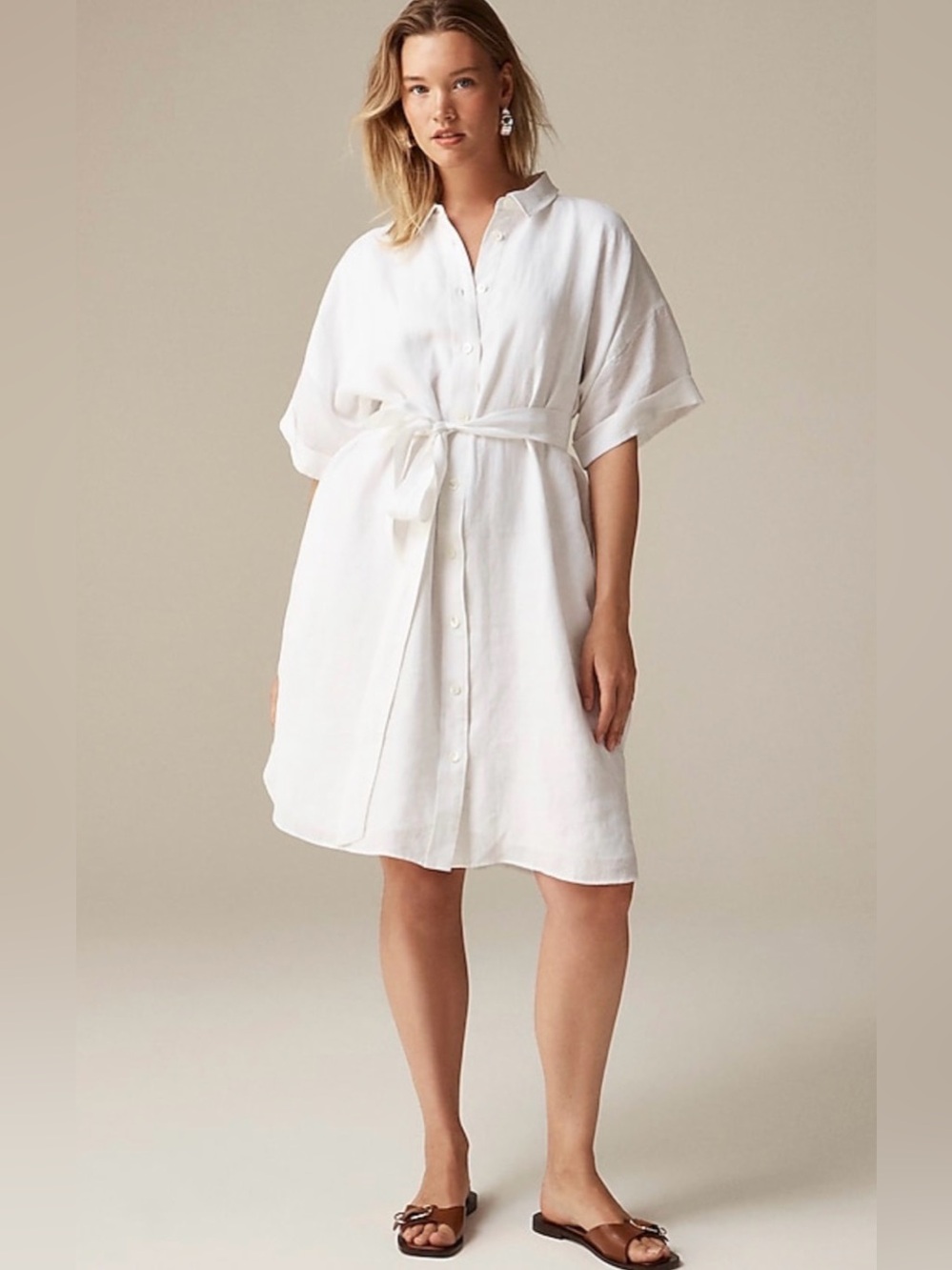 J.Crew Capitaine Shirtdress 100% Linen White Size Small Belted Shirt Dress